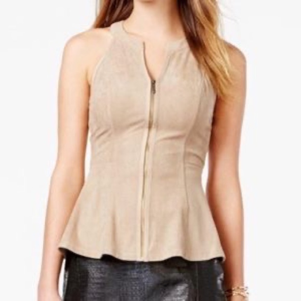 Guess Faux Suede Zip Front Peplum Top Size XS